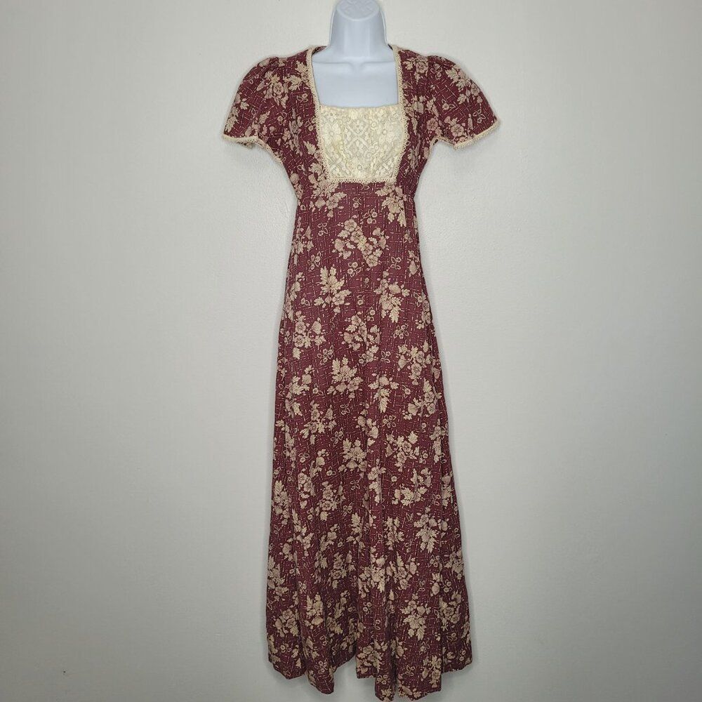 VIntage 70s dark red tan romantic floral lace empire waste cottage dress FLAWS